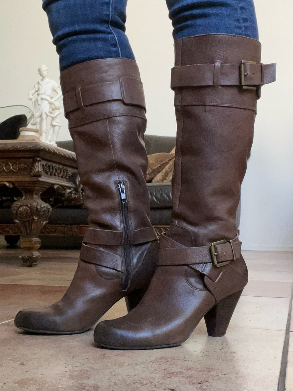 Arturo Chiang Brown Leather Mid-Calf Buckle Heeled Boots